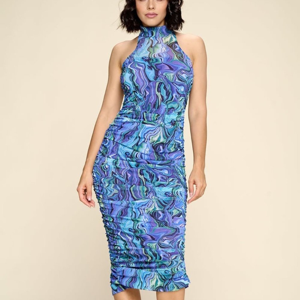 Women's Blue Combo Multi-color Marble Print, Ruched, Small Slit Midi Dress NWT